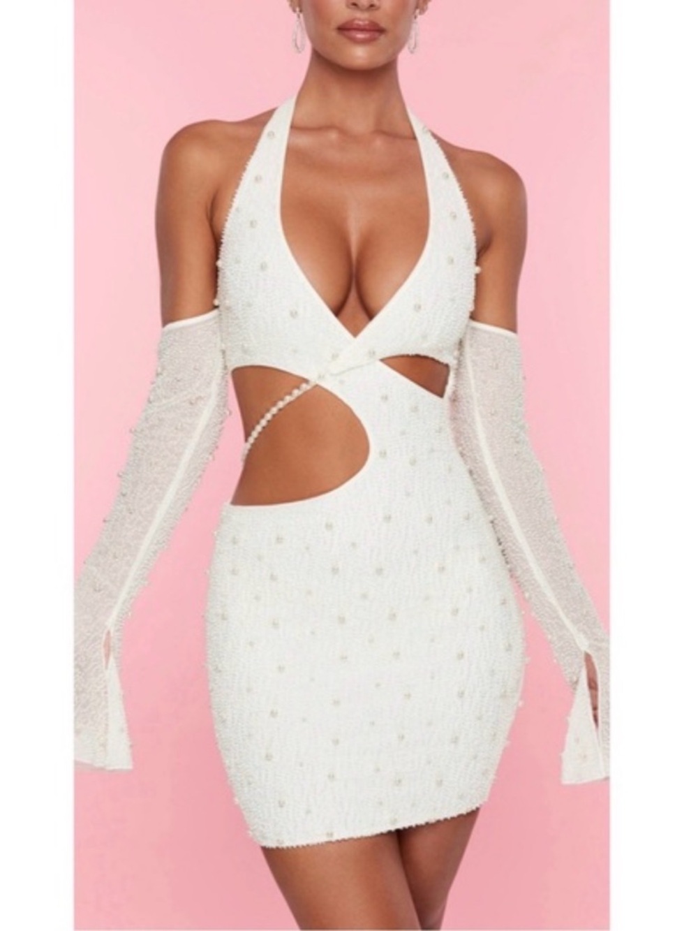 Oh Polly White Beaded Halter Cutout Mini Dress
